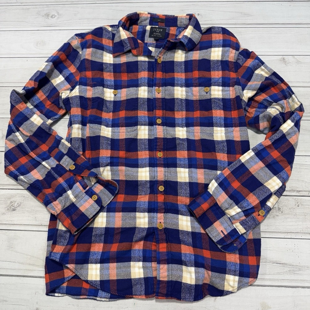 J.CREW Flannel Shirt Mens Large Red Blue Plaid Slim Fit Button Up Long Sleeve